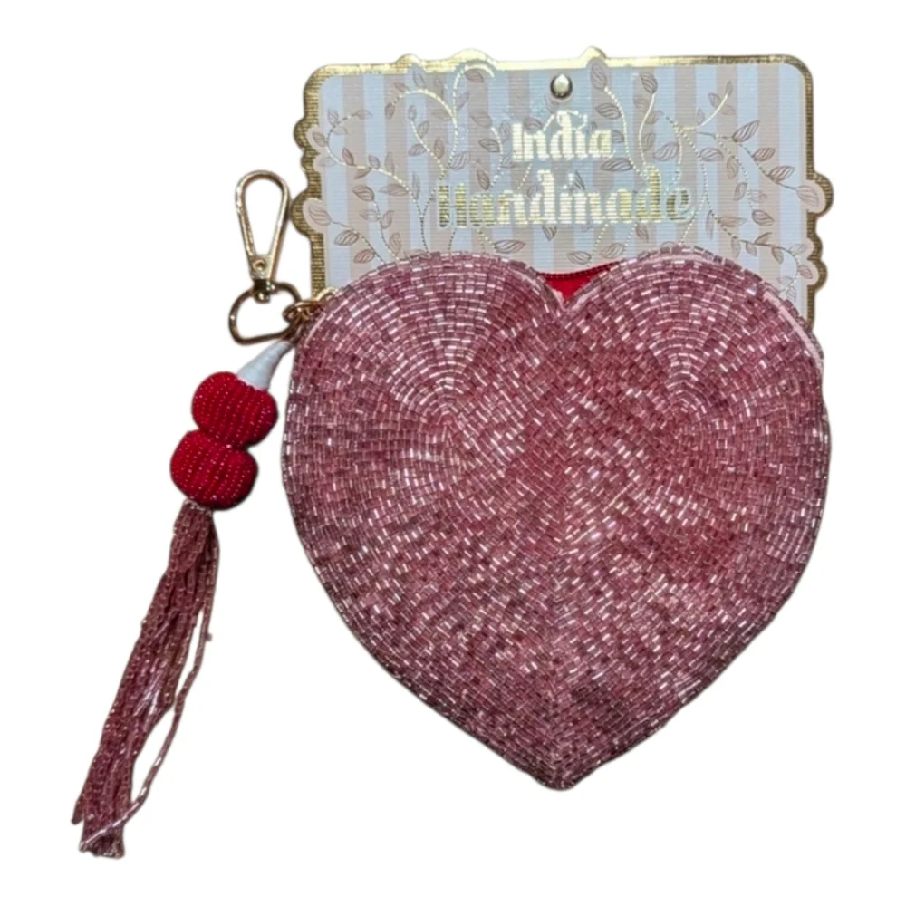 💕▪️made In India ▪️Pink Heart- Shaped Beaded Coin Pouch